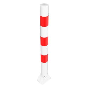 Absperrpfosten Ø 76 mm, Bodenplatte zum Aufdübeln Länge 900mm, umlegbar, Profilzylinder, weiß/rot