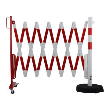 Scherengitter, mobile Fußplatte, Sperrpfosten Ø 60mm, ausziehbar bis 4 m, rot/weiß