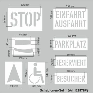 Schablonenset Parkplatz, Hart-PVC, 0,5 mm, 8 Schablonen