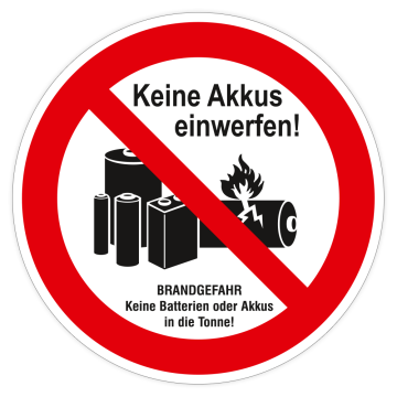 Aufkleber Mülltrennung, Keine Akkus einwerfen, Folie, selbstklebend, d= 100 mm