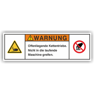 Maschinenschild, Offenliegende Kettentriebe, nach DIN ISO 3864-2, Folie