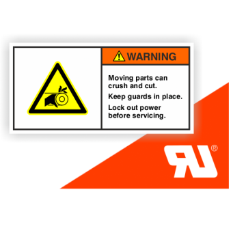 Gerätekennzeichen, Warning - Moving parts can…., UL-zertifiziert, DIN ISO 3864-2, Folie, 105x52 mm