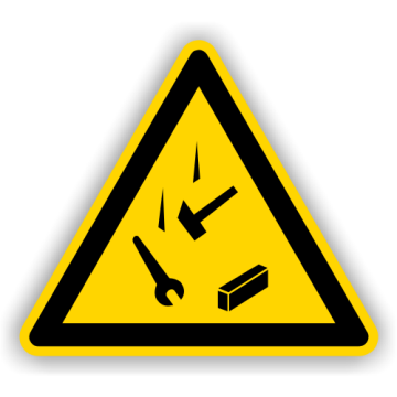 Warnschild, Warnung v. herabfallenden Gegenständen praxisbewährt, Aufkleber, Folie, SL = 200 mm