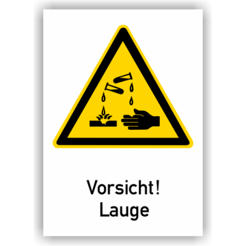 Warnschild, Vorsicht! Lauge, BGV A8, Aufkleber, Folie, 185 x 131 mm
