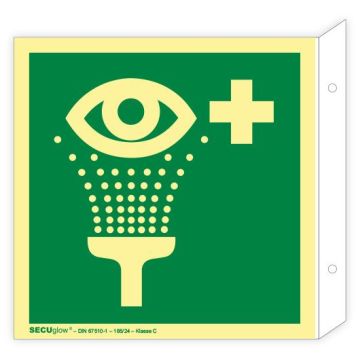 Fahnenschild, Augenspüleinrichtung, ISO 7010, SECUglow 185, Kunststoff, 200 x 200 mm