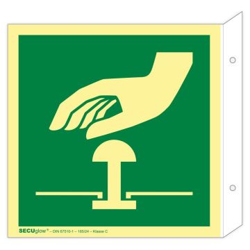 Fahnenschild, Not-Halt-Knopf, ISO 7010, SECUglow 185, Kunststoff, 200 x 200 mm