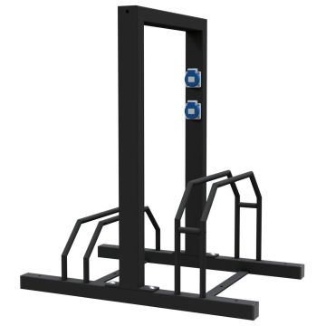 E-Bike Ständer, Anlehnbügel, 2x 230V Steckdosen, 700mm, Hoch-/Tief, beidseitig, 2 Plätze, schwarz