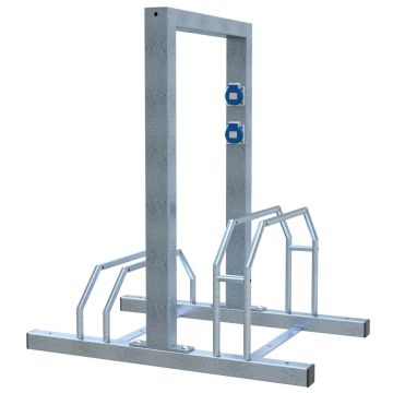 E-Bike Ständer, Anlehnbügel, 2x 230V Steckdosen, 700mm, Hoch-/Tief, beidseitig, 2 Plätze, verzinkt