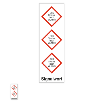 GHS-Etikett mit Gefahrensymbolen und Signalwort nach Wunsch, verschiedene Varianten