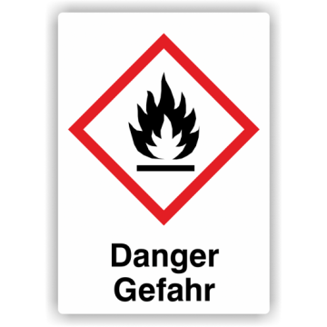 Gefahrensymbol GHS02 Flamme, Signalwort  Danger/Gefahr, Folie, verschiedene Formate