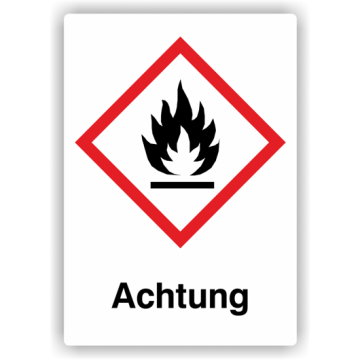 Gefahrensymbol GHS02 Flamme, Signalwort  Achtung, Folie, verschiedene Ausführungen