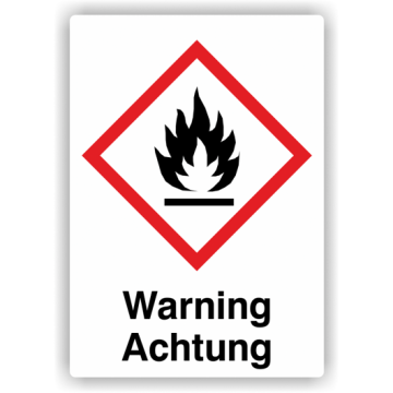 Gefahrensymbol GHS02 Flamme, Signalwort  Warning/Achtung, Folie, verschiedene Ausführungen