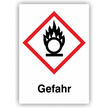 Gefahrensymbol GHS03 Flamme über einem Kreis,  Signalwort Gefahr, Folie, verschied. Ausführungen