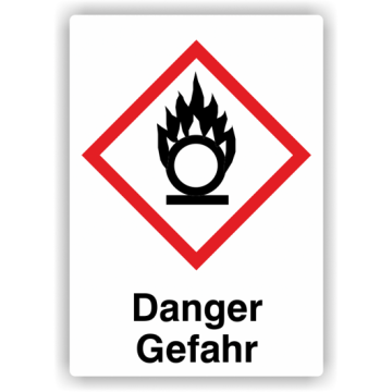 Gefahrensymbol GHS03 Flamme über einem Kreis,   Signalw. Danger/Gefahr, verschied. Ausführungen