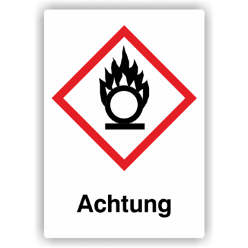 Gefahrensymbol GHS03 Flamme über einem Kreis,  Signalwort Achtung, Folie, verschied. Ausführungen