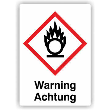 Gefahrensymbol GHS03 Flamme über einem Kreis,  Signalw. Warning/Achtung, verschied. Ausführungen