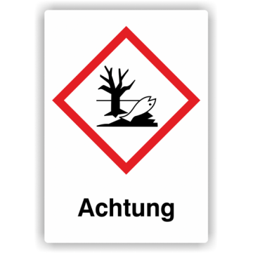 Gefahrensymbol GHS09 Umwelt- Gewässergefährdend,  Signalwort Achtung, Folie, verschied. Ausführungen