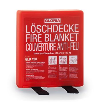 Löschdecke 1200 x 1200 mm aus silikonbeschichtetem Glasfasergewebe, DIN 1869