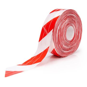 Absperrband fadenverstärkt, rot/weiß schraffiert, Abrollkarton, 80 mm x 250 m