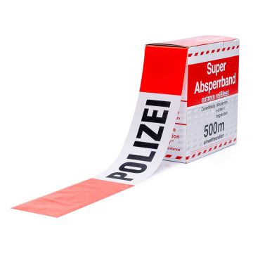 Super Absperrband, rot/weiß geblockt, POLIZEI, Polyethylen, 80 mm, 500 m / Rolle
