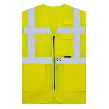 Mesh Multifunktionsweste, Signal-Gelb, Größe S - 3XL, Warnweste mit Reißverschluss und Taschen