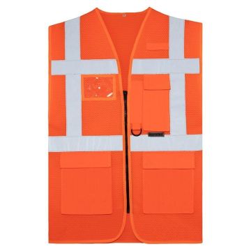 Mesh Multifunktionsweste, Signal-Orange, Größe S - 3XL, Warnweste mit Reißverschluss und Taschen