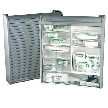 Verbandschrank Sani Roll mit Füllung gemäß DIN 13169, silber