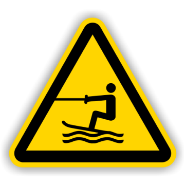 Warnschild, Warnung vor Wasserski-Bereich, DIN 4844-2, ISO 7010, Aluminium, SL = 400 mm