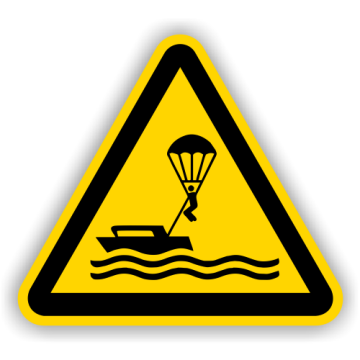 Warnschild, Warnung vor Parasailing, DIN 4844-2, ISO 7010, Aluminium, SL = 400 mm