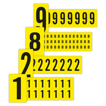 Klebezahlen 0-9, gelb/schwarz, diverse Schrifthöhen