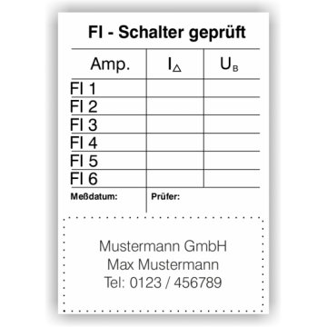 Prüfnachweis-Aufkleber für FI Schalter mit Firmenaufdruck