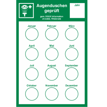 Prüfnachweis für Augenduschen nach DGUV Information 213-850, TRGS 526, 100 x 150 mm, 10/VE