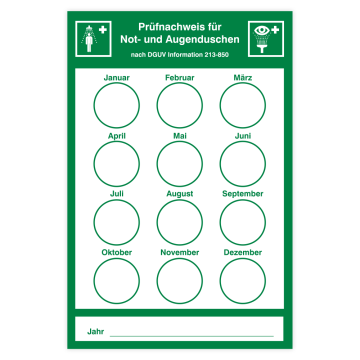 Prüfnachweis für Not- und Augenduschen nach DGUV Information 213-850, 100 x 150 mm, 10 Stk./VE