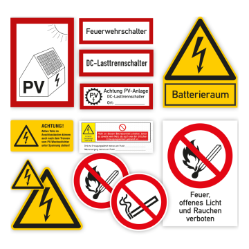 Warn- und Hinweisschilder-Set für PV-Anlagen mit Batteriespeicher, 46 Aufkleber und Schilder