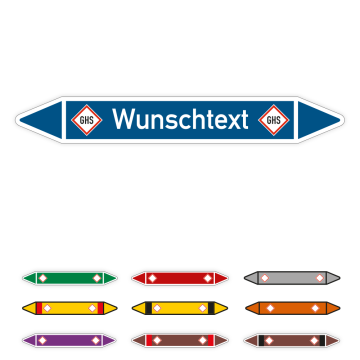 Rohrleitungs-Einzeletiketten praxisbewährt, Text und GHS-Symbol nach Wunsch, Pfeil rechts und links
