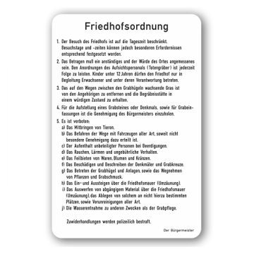 Friedhof- und Kirchenschilder, Friedhofsordnung, Aluminium 2 mm,