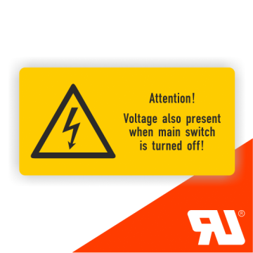 Warnzeichen Attention! Voltage also present when.. UL-zertifiziert, n. DIN EN ISO 7010, Folie,52x26mm