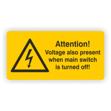 Warnaufkleber, Voltage also when main switch off, Folie,