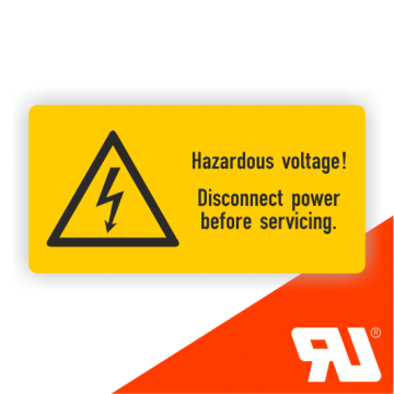 Warnzeichen, Hazardous voltage! Disconnect power…, UL-zertifiziert, n. DIN EN ISO 7010, Folie,52x26mm