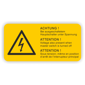 Warnaufkleber, Achtung! Unter Spannung, 3-sprachig, Folie, 37x18 mm, 10 St./ Bogen