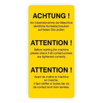 Warnaufkleber, Kontaktschrauben prüfen, 3-sprachig, Folie, 37x74 mm