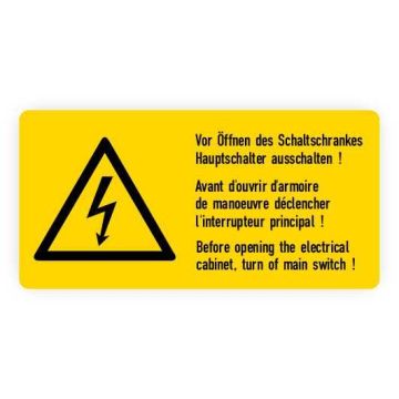 Warnaufkleber, Vor Öffnen ausschalten, 3-sprachig, Folie,