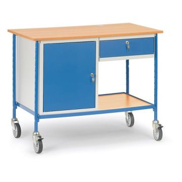 fetra Rolltisch mit 2 Böden, Typ 5866, mit Schublade, Schrank, 1120x650mm, 150 kg, blau