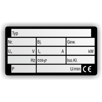 Typen- und Leistungsschild mit Angabe "kW" aus Aluminium, 0,5 mm, silber eloxiert, 75 x 40 mm