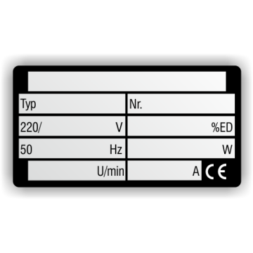 Typen- und Leistungsschild mit Angabe "W" aus Aluminium, 0,5 mm, silber eloxiert, 75 x 40 mm
