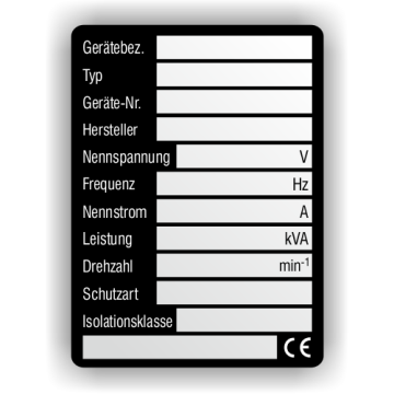 Typen- und Leistungsschild aus Aluminium, 0,5 mm, silber eloxiert, 75 x 100 mm