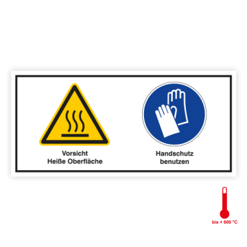 Kombischild, Vorsicht Heiße Oberfl. Handsch. ben. ISO 7010, INOXTREME®, Edelstahl, 105 x 52 mm