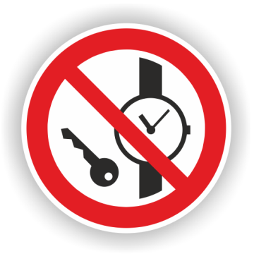 Verbotsschild, Mitführen von Metallteilen oder Uhren verboten, ISO 7010, Aufkl. Folie