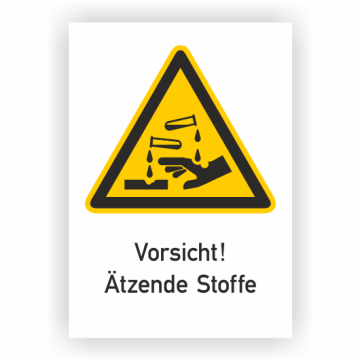 Warnschild, Vorsicht! Ätzende Stoffe, ISO 7010, Aufkleber, Folie, 131 x 185 mm