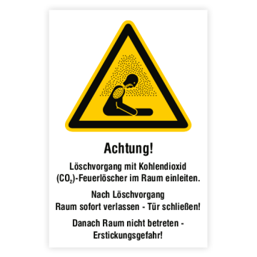Warnschild, Achtung! Löschvorgang mit CO2-Löscher im Raum.., ISO 7010, versch Ausführungen
